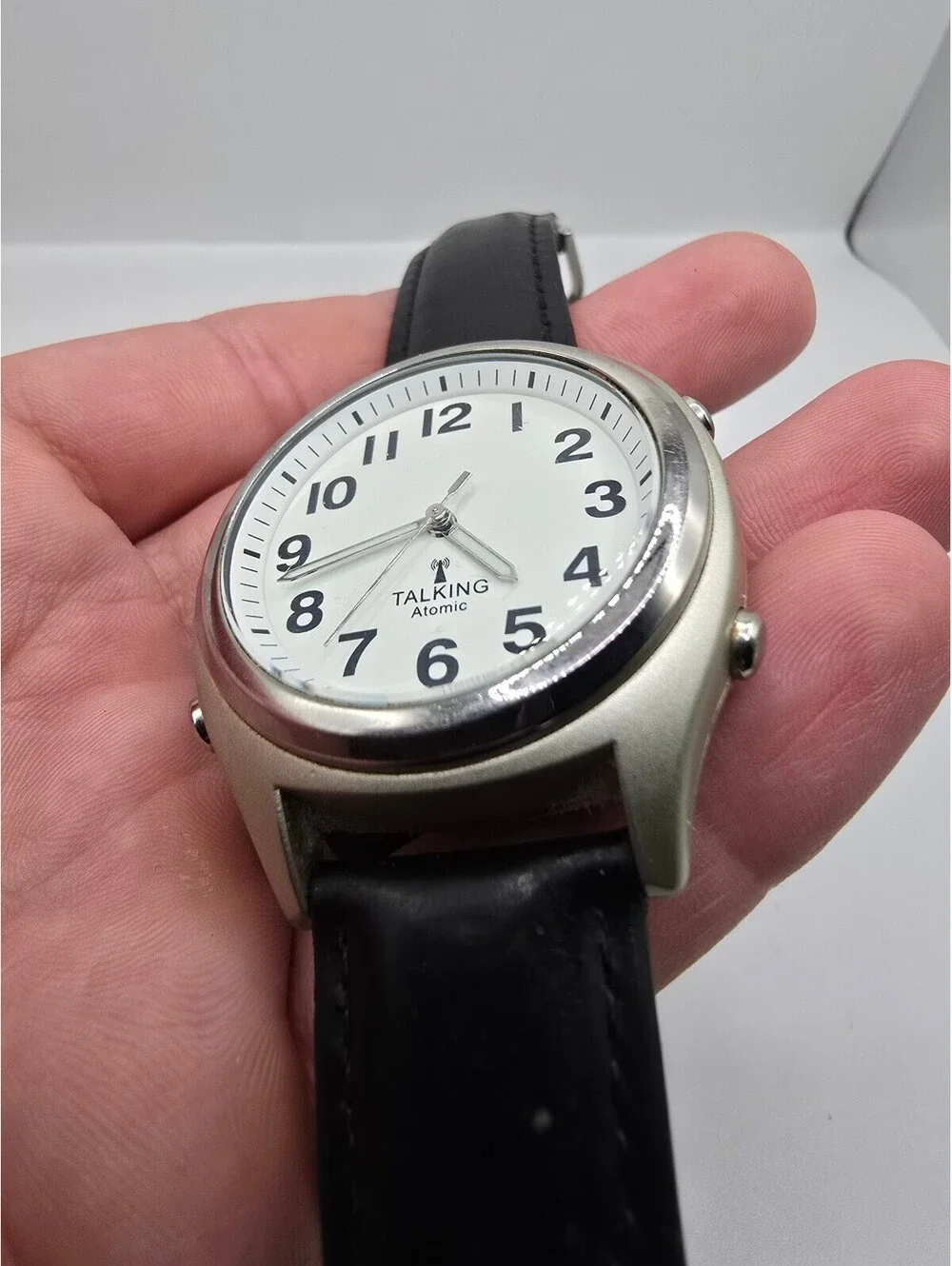 Talking Atomic Radio Controlled Quartz Analog Watch White Dial Black Leather